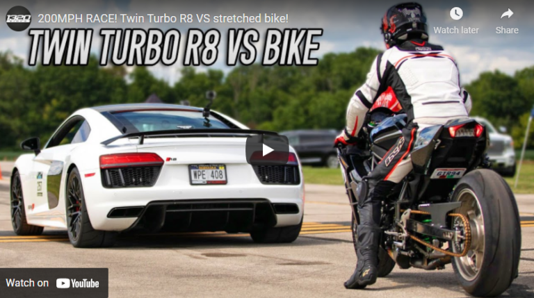 200MPH RACE! Twin Turbo R8 VS stretched bike!